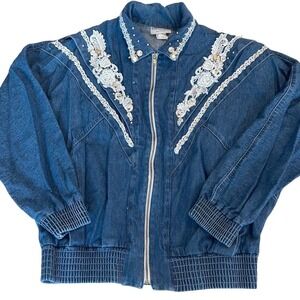 80s Wms Embellished Denim Jacket Blue Zip Front Made USA Studded Lace Roses